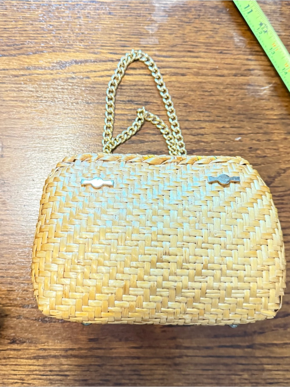 Woven Straw Clutch with Gold Chain Handle - Natural